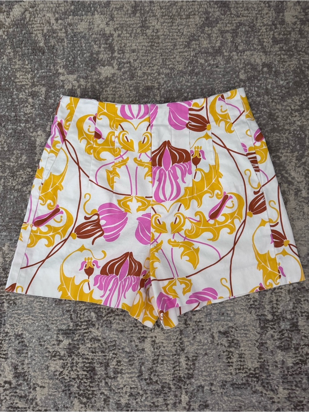 Zara White High-Waist Floral Shorts with Pink & Yellow Accents
